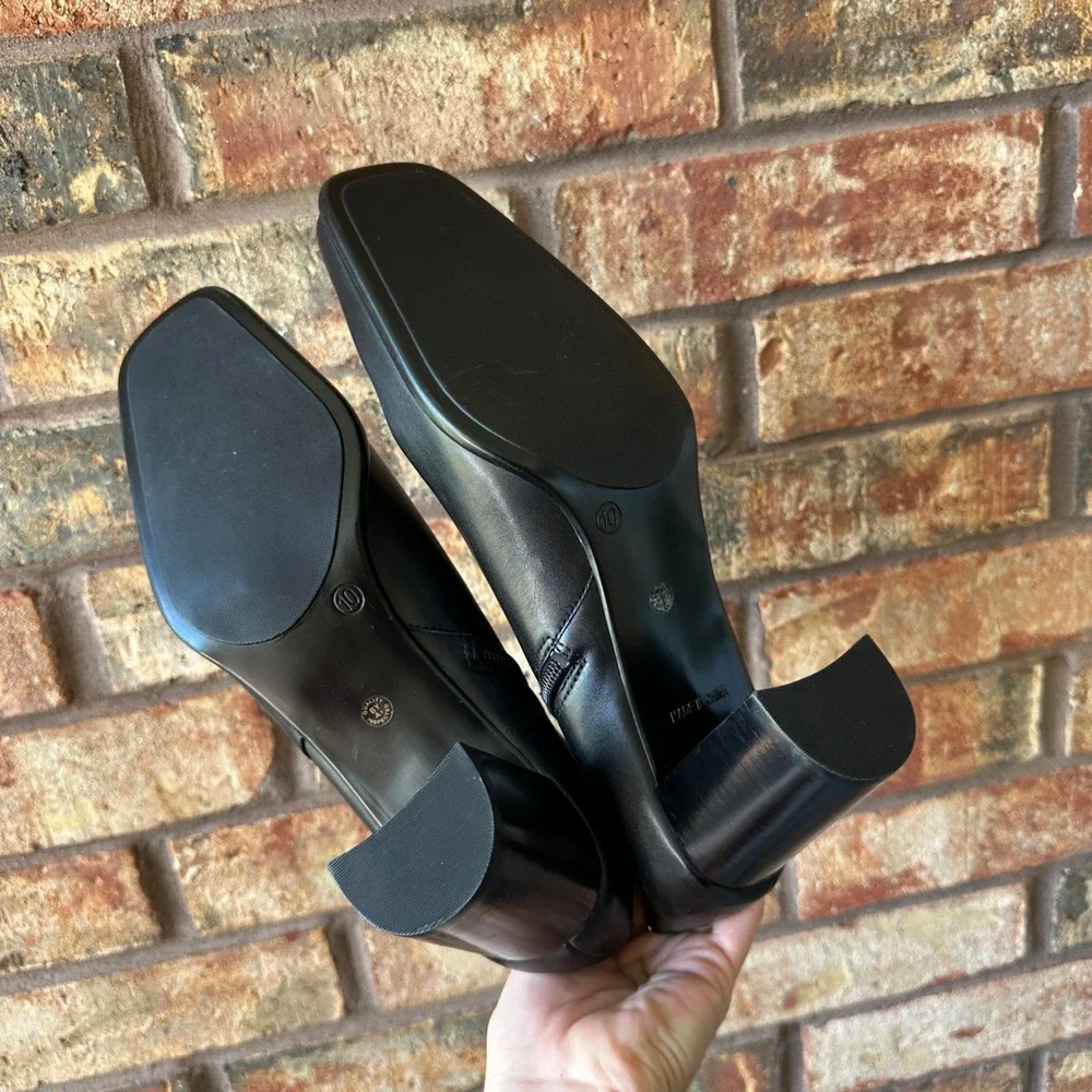 Black Leather Square Toe Block Heel Ankle Boots Size 10M Witchy 90s Classy